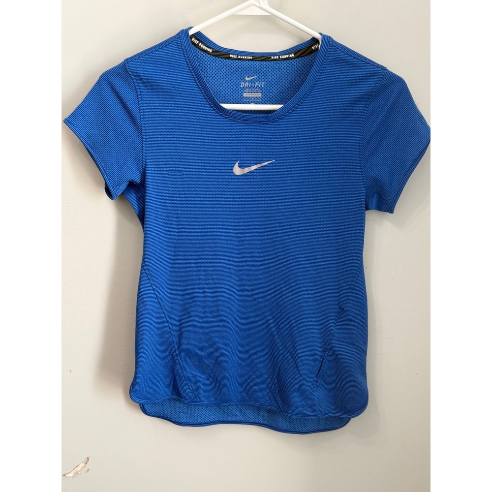 Nike Running Dri-Fit Short Sleeve Shirt Blue Striped Knit Women's Size Small